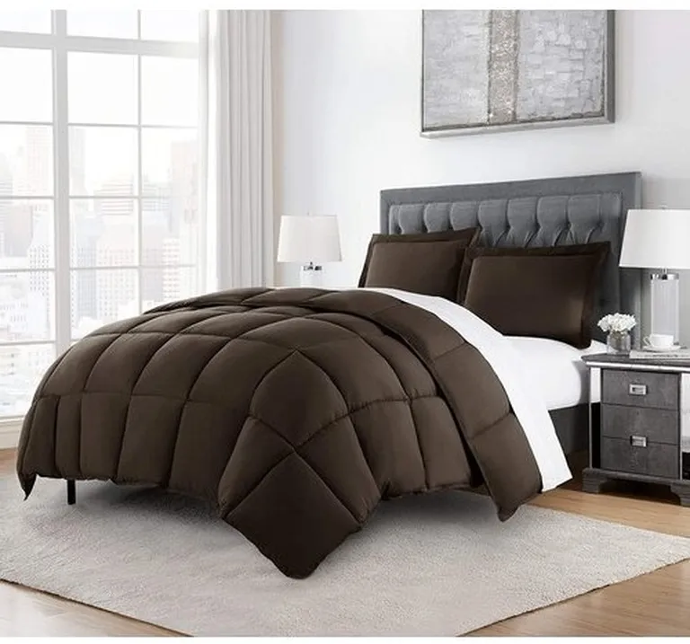 Queen Size Reversible Microfiber Down Alternative Comforter Set in Brown Photo 1