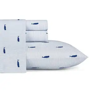 Photo of Queen size Coastal Beach 100-Percent Cotton Navy Blue White Stripe Sheet Set