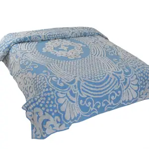 Photo of Queen size 100% Cotton Tufted Chenille Bedspread with Blue Damask Medallion