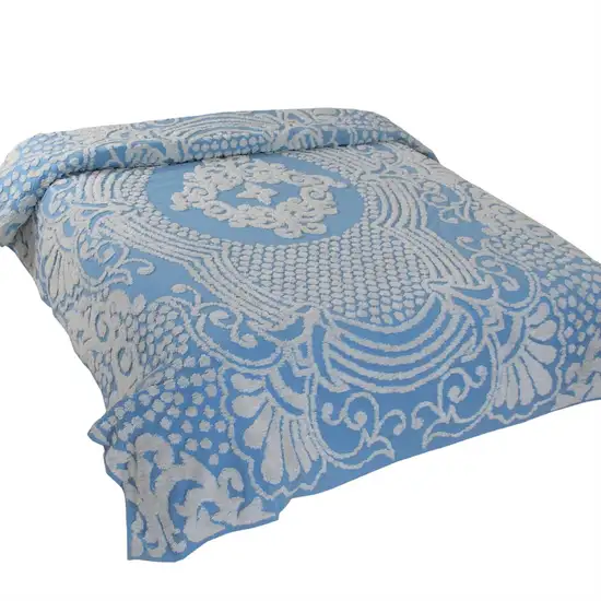 Queen size 100% Cotton Tufted Chenille Bedspread with Blue Damask Medallion Photo 1