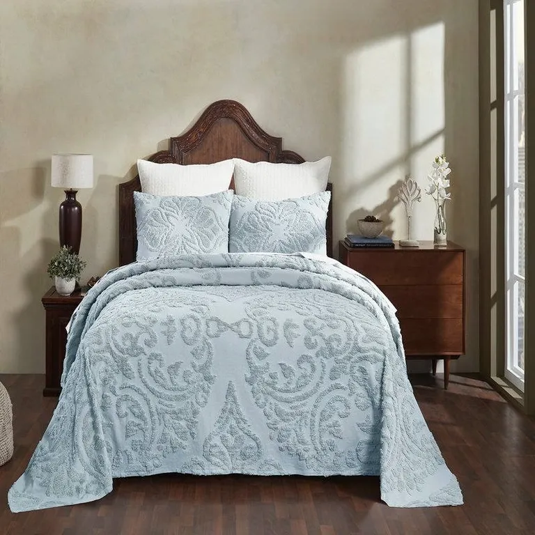 Queen size 100-Percent Cotton Chenille 3-Piece Coverlet Bedspread Set in Blue Photo 2