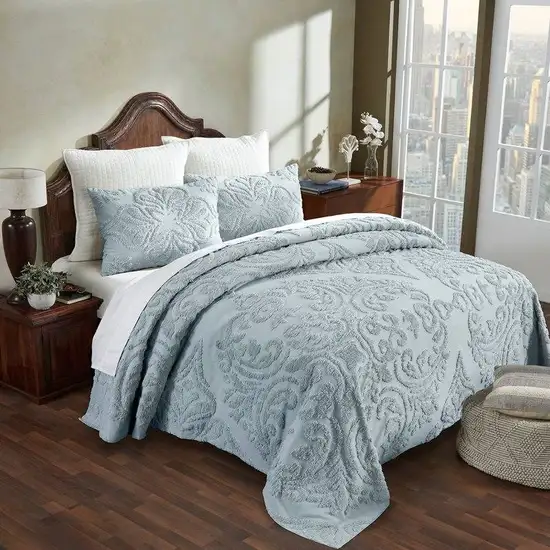 Queen size 100-Percent Cotton Chenille 3-Piece Coverlet Bedspread Set in Blue Photo 1