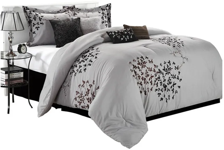 Queen size 8-Piece Comforter Set in Silver Gray Black Brown Floral Photo 2