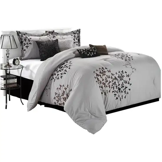 Queen size 8-Piece Comforter Set in Silver Gray Black Brown Floral Photo 2