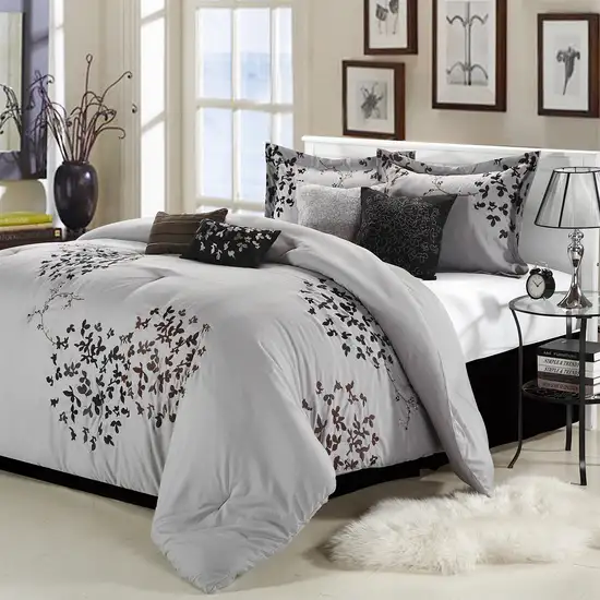 Queen size 8-Piece Comforter Set in Silver Gray Black Brown Floral Photo 1