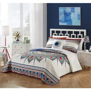 Photo of Queen size 4 Piece Cotton Blue White Boho Geometric Reversible Quilt Set