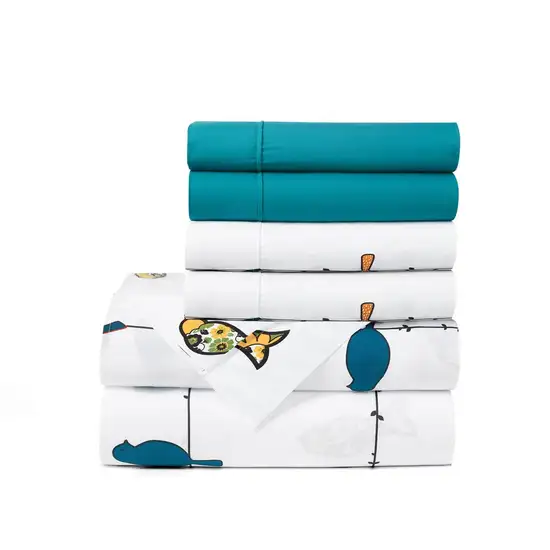 Queen size Teal Yellow White Floral Birds on Wire Soft Polyester 6 Piece Sheet Set Photo 2