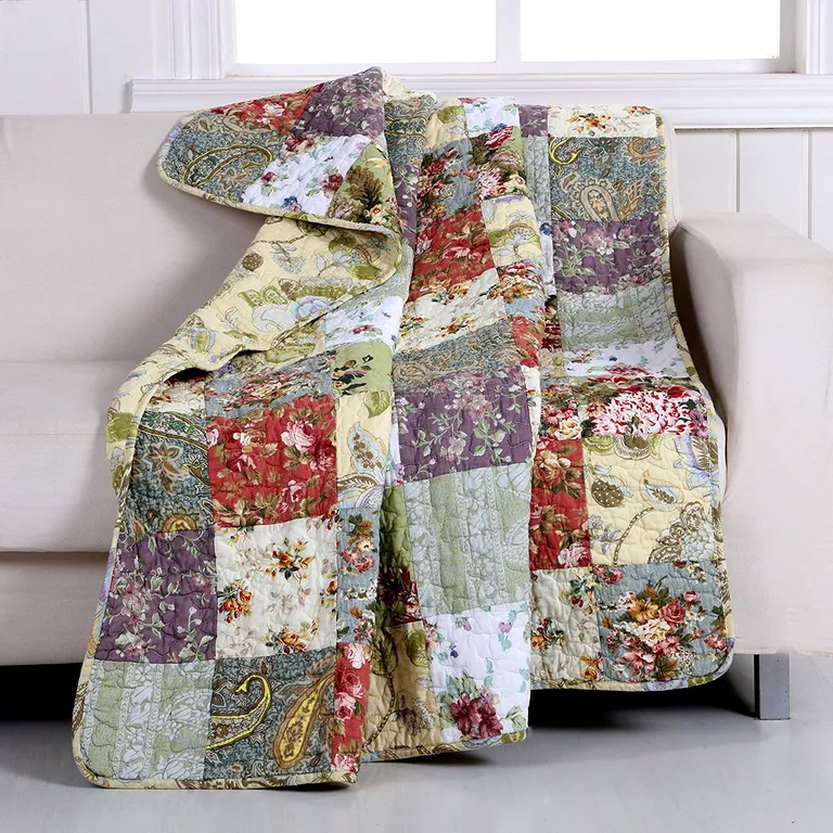 Red Green Blue Purple Yellow White 100-Percent Cotton Floral Patchwork Quilt Throw Blanket Photo 1