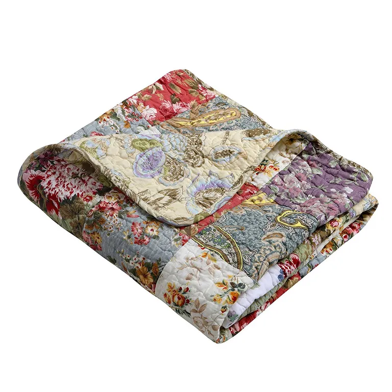 Red Green Blue Purple Yellow White 100-Percent Cotton Floral Patchwork Quilt Throw Blanket Photo 2