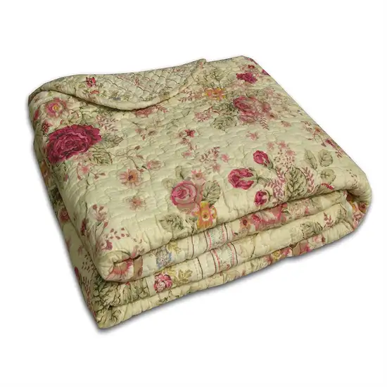 Red Pink Gold Ecru Floral Roses Quilt Throw Blanket in 100% Cotton Photo 2