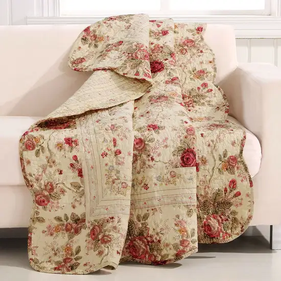 Red Pink Gold Ecru Floral Roses Quilt Throw Blanket in 100% Cotton Photo 1