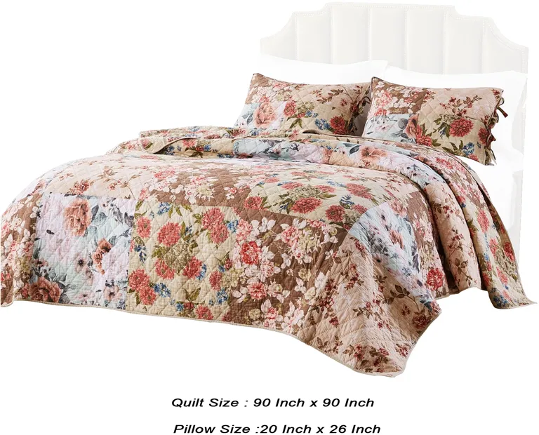 Rome 3 Piece Microfiber Reversible Floral Print Queen Quilt Set Photo 5