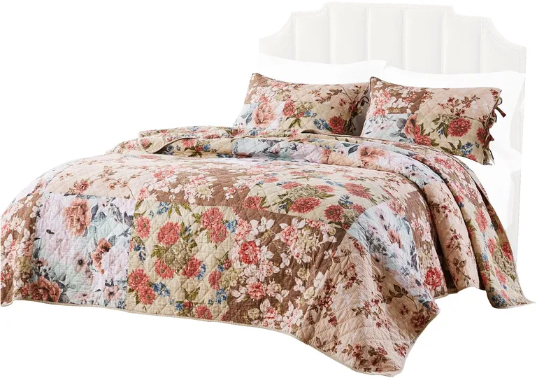 Rome 3 Piece Microfiber Reversible Floral Print Queen Quilt Set Photo 1