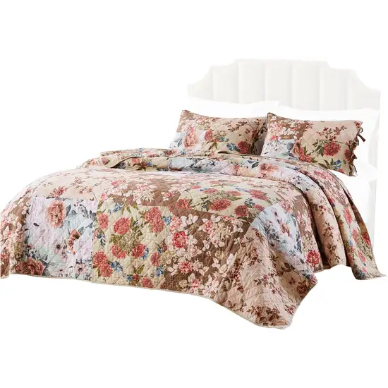 Rome 3 Piece Microfiber Reversible Floral Print Queen Quilt Set Photo 1