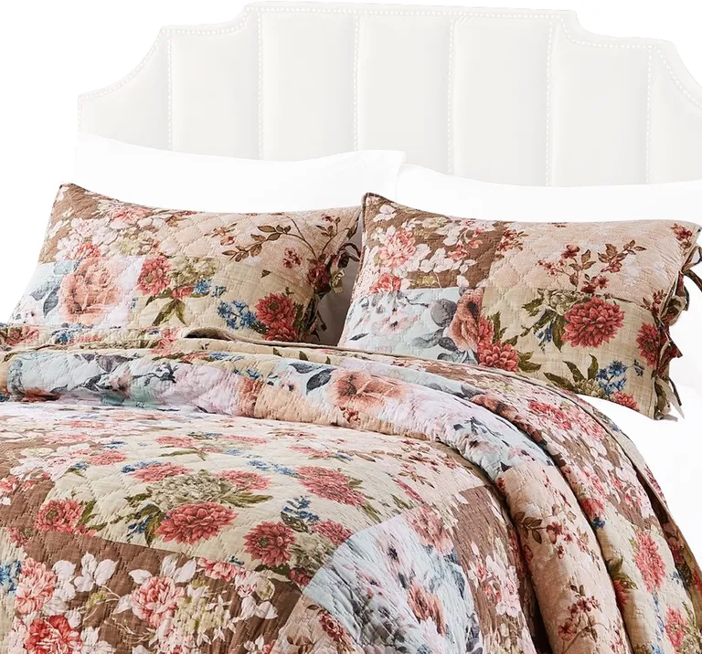 Rome 3 Piece Microfiber Reversible Floral Print Queen Quilt Set Photo 4