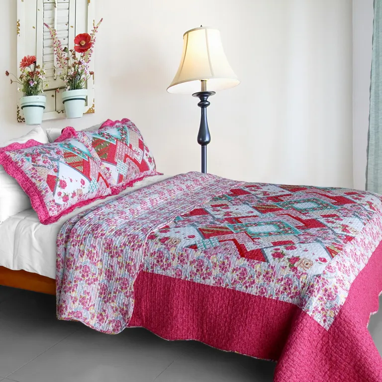 Rose Garden - Cotton 3PC Vermicelli-Quilted Patchwork Quilt Set (Full/Queen Size) Photo 1