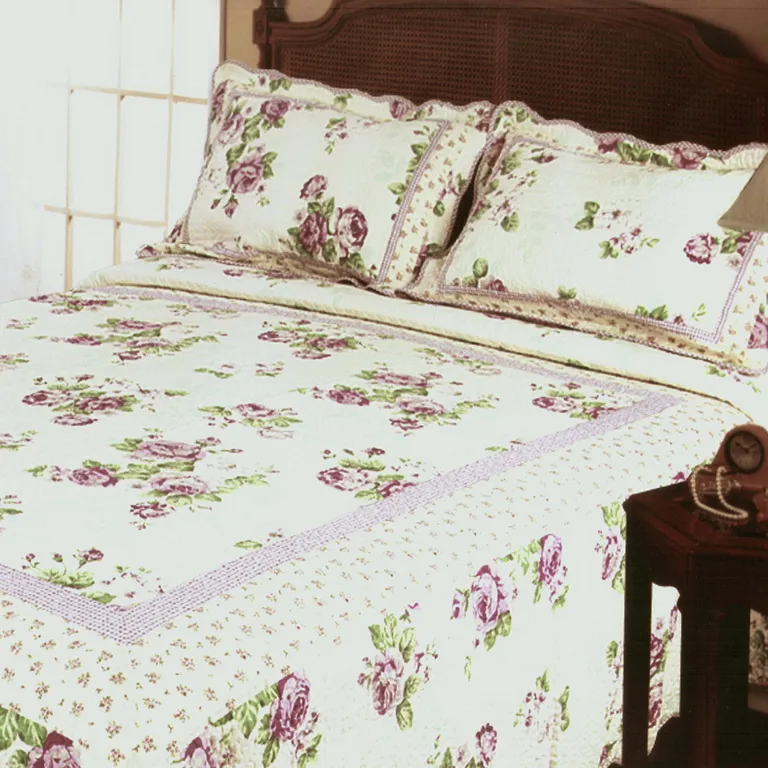 Rowena - 100% Cotton 3PC Floral Vermicelli-Quilted Patchwork Quilt Set (Full/Queen Size) Photo 1