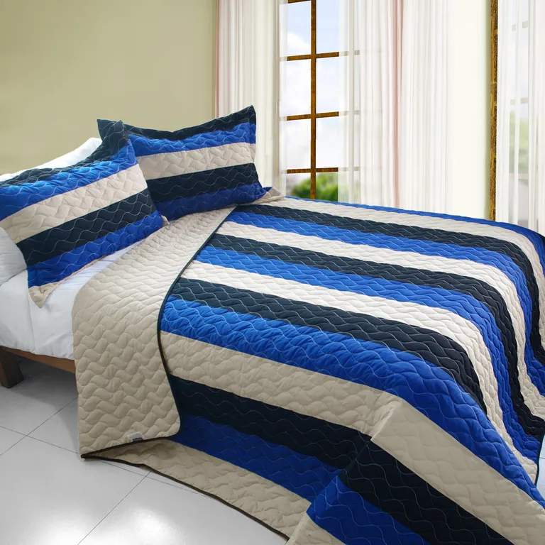 Sea Waves - 3PC Vermicelli-Quilted Patchwork Quilt Set (Full/Queen Size) Photo 1