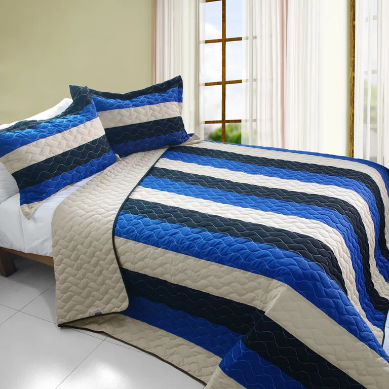 Sea Waves - 3PC Vermicelli-Quilted Patchwork Quilt Set (Twin Size) Photo 1