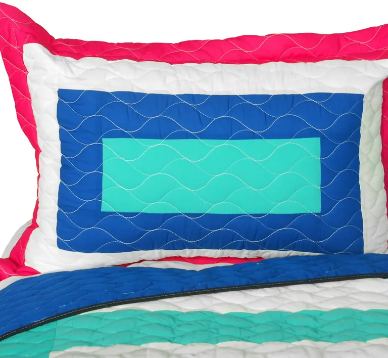 Sea's Passion - Vermicelli-Quilted Patchwork Geometric Quilt Set Full/Queen Photo 2