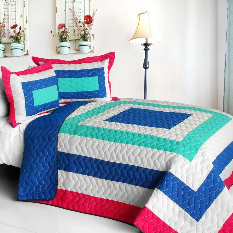 Sea's Passion - Vermicelli-Quilted Patchwork Geometric Quilt Set Full/Queen Photo 1