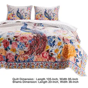 Photo of Tess Microfiber 3 Piece King Quilt Set, Peacock, Floral Print