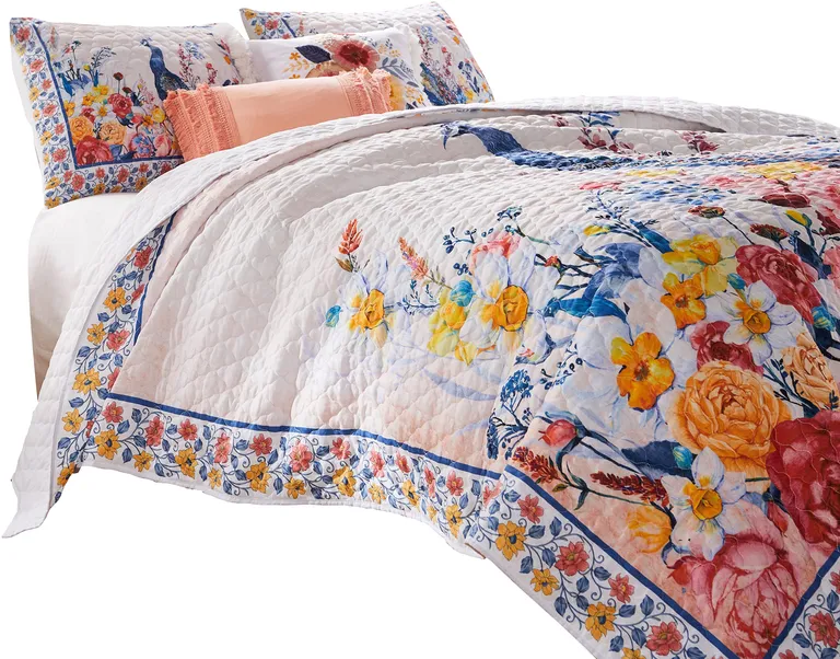 Tess Microfiber 2 Piece Twin Quilt Set, Peacock, Floral Print Photo 2