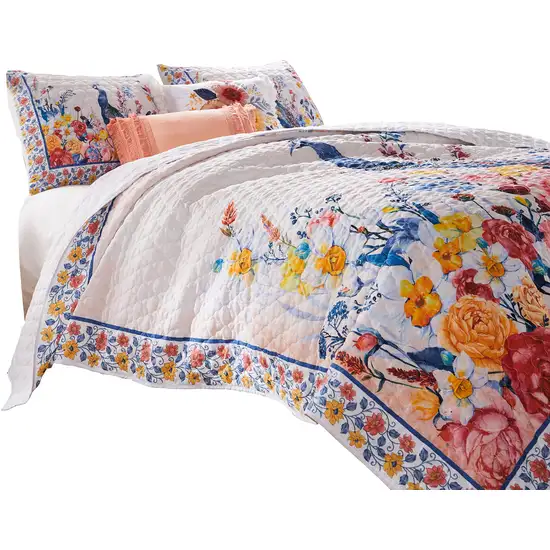 Tess Microfiber 2 Piece Twin Quilt Set, Peacock, Floral Print Photo 2