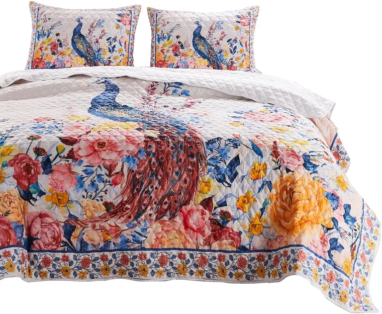 Tess Microfiber 2 Piece Twin Quilt Set, Peacock, Floral Print Photo 1