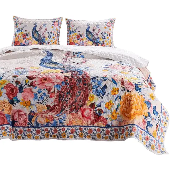 Tess Microfiber 2 Piece Twin Quilt Set, Peacock, Floral Print Photo 1