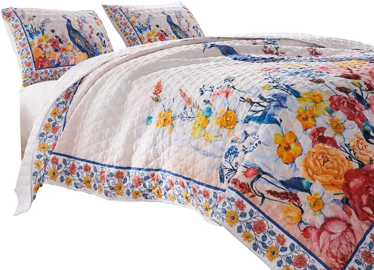 Tess Microfiber 2 Piece Twin Quilt Set, Peacock, Floral Print Photo 3