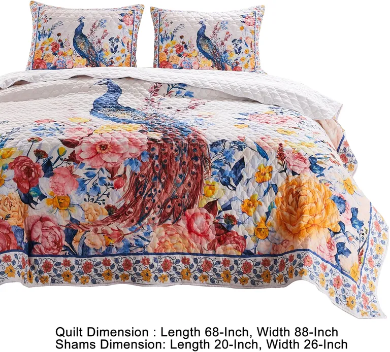 Tess Microfiber 2 Piece Twin Quilt Set, Peacock, Floral Print Photo 5