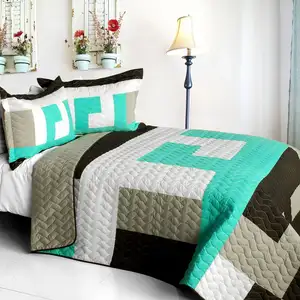 Photo of Tetris - B - Vermicelli-Quilted Patchwork Geometric Quilt Set Full/Queen