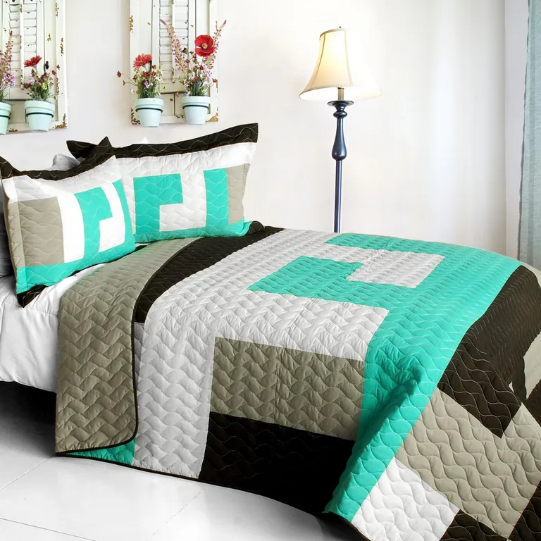 Tetris - B - Vermicelli-Quilted Patchwork Geometric Quilt Set Full/Queen Photo 1