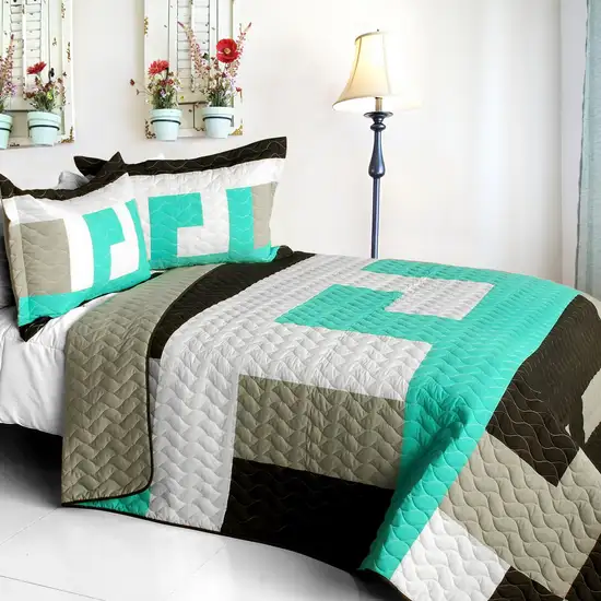 Tetris - B -  Vermicelli-Quilted Patchwork Geometric Quilt Set Full/Queen Photo 1