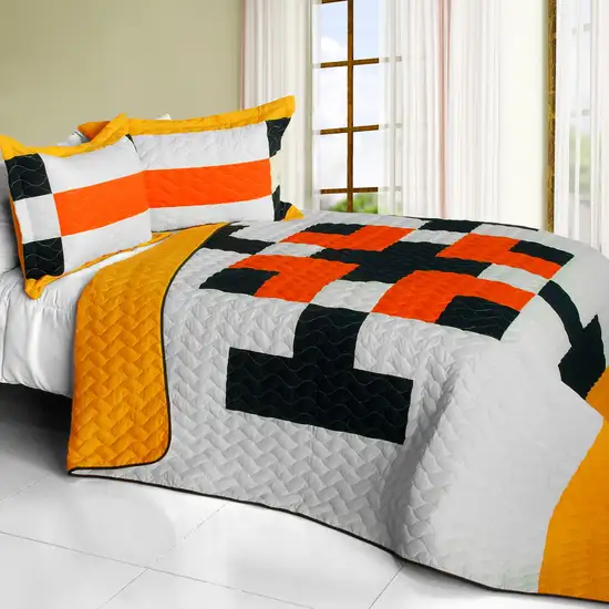 Tetris - D -  Vermicelli-Quilted Patchwork Geometric Quilt Set Full/Queen Photo 1