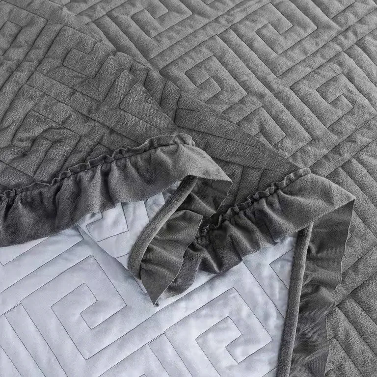 Twin Gray Charcoal Velvet Microfiber Polyester Reversible 2-Piece Quilt Set Photo 4