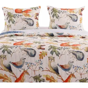 Photo of Twin 2-Piece Blue Beige Birds Animals Floral Reversible Quilt Set