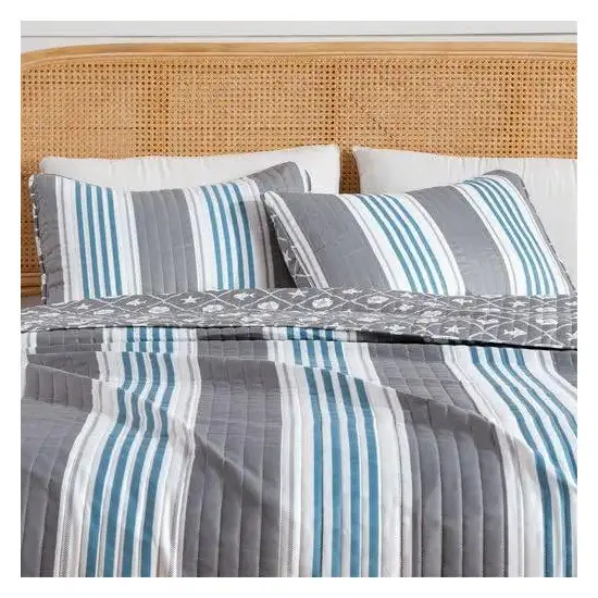 Twin 2 Piece Coastal Starfish Sand Dollar Grey Blue White Nautical Quilt Set Photo 4