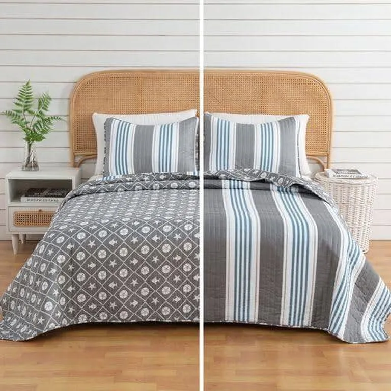 Twin 2 Piece Coastal Starfish Sand Dollar Grey Blue White Nautical Quilt Set Photo 1