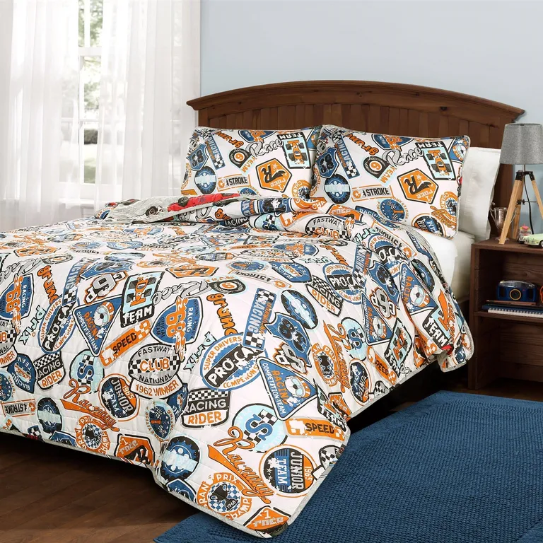 Twin Size Lightweight Blue Orange Grey Race Cars 2 Piece Kids Quilt Set Photo 2