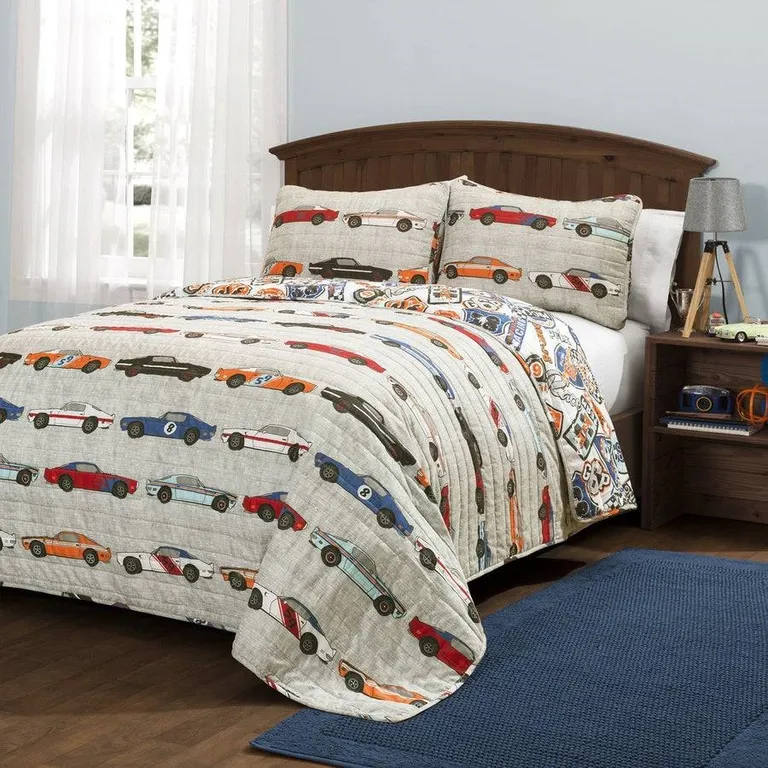 Twin Size Lightweight Blue Orange Grey Race Cars 2 Piece Kids Quilt Set Photo 1