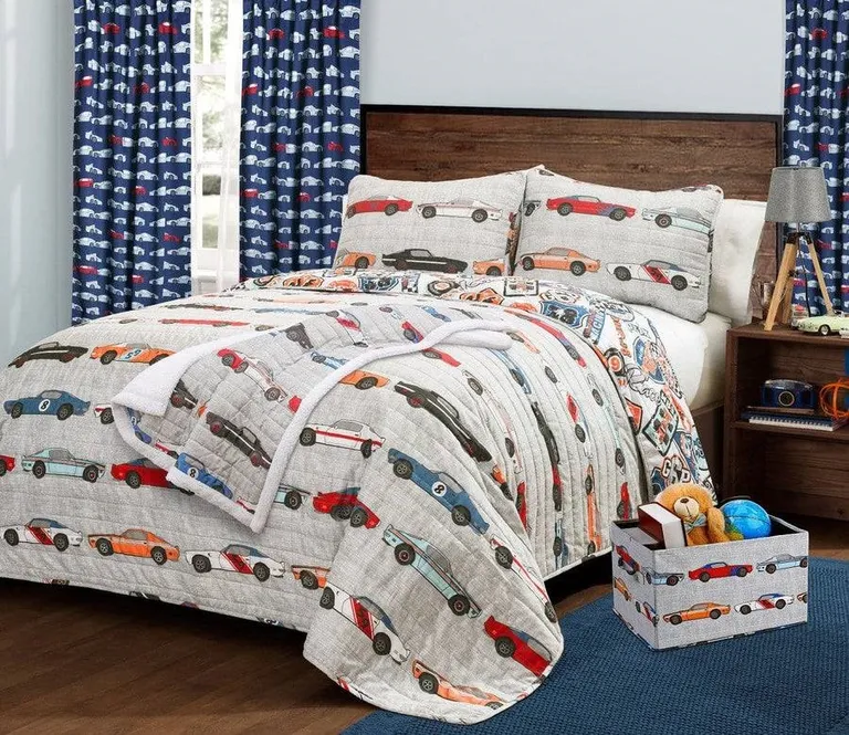 Twin Size Lightweight Blue Orange Grey Race Cars 2 Piece Kids Quilt Set Photo 3