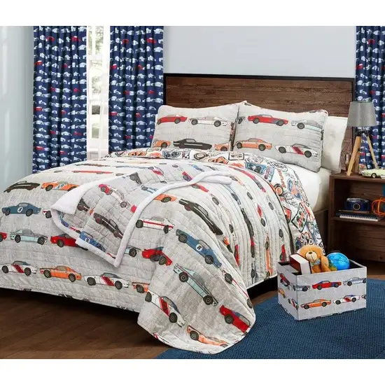 Twin Size Lightweight Blue Orange Grey Race Cars 2 Piece Kids Quilt Set Photo 3