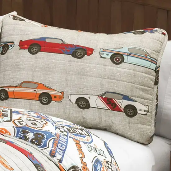 Twin Size Lightweight Blue Orange Grey Race Cars 2 Piece Kids Quilt Set Photo 4