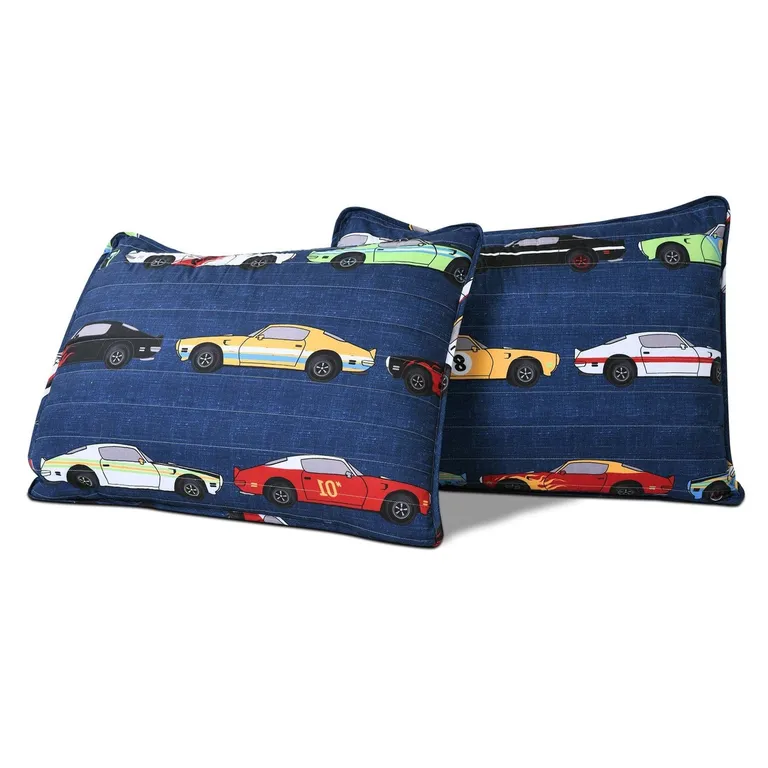 Twin Size Lightweight Navy Race Cars 2 Piece Quilt Set Photo 4