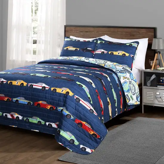 Twin Size Lightweight Navy Race Cars 2 Piece Quilt Set Photo 1