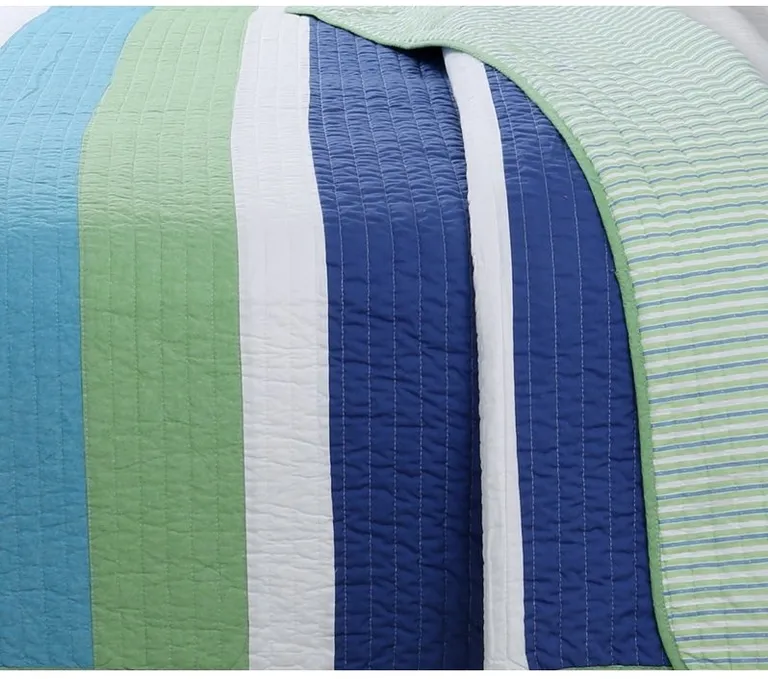 Twin Size Navy Blue/Green/Teal/White Stripe 100-Percent Cotton Quilt Set Photo 3