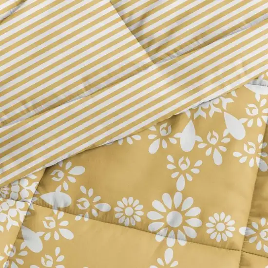 Twin Size 2 Piece Yellow Reversible Daisy Medallion Striped Comforter Set Photo 4