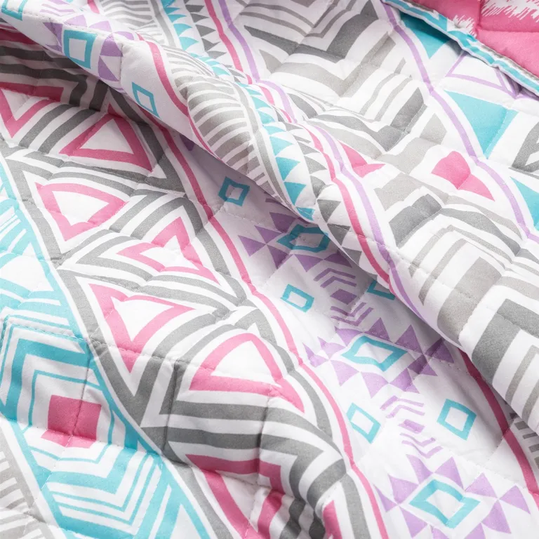 Twin Southwest Indian Style Polyester Pink Blue Striped Reversible Quilt Set Photo 3